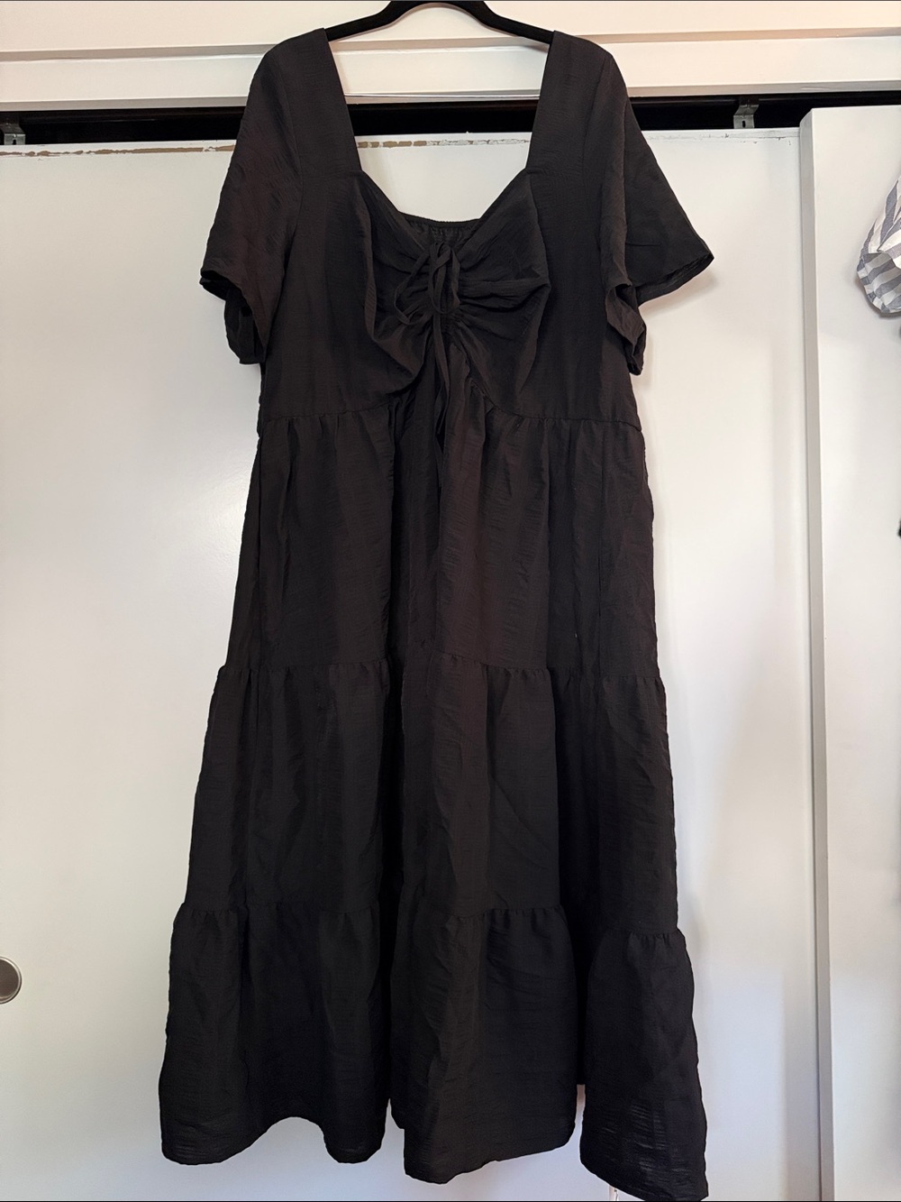 BloomChic Black Tiered Midi Dress with Front Tie